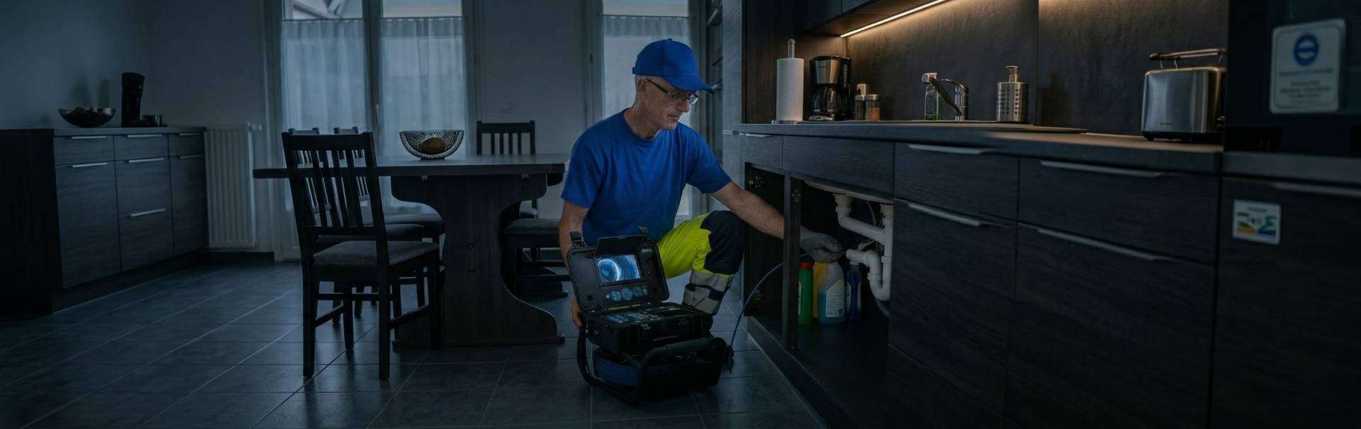 Técnico especializado inspecionando tubulação de cozinha